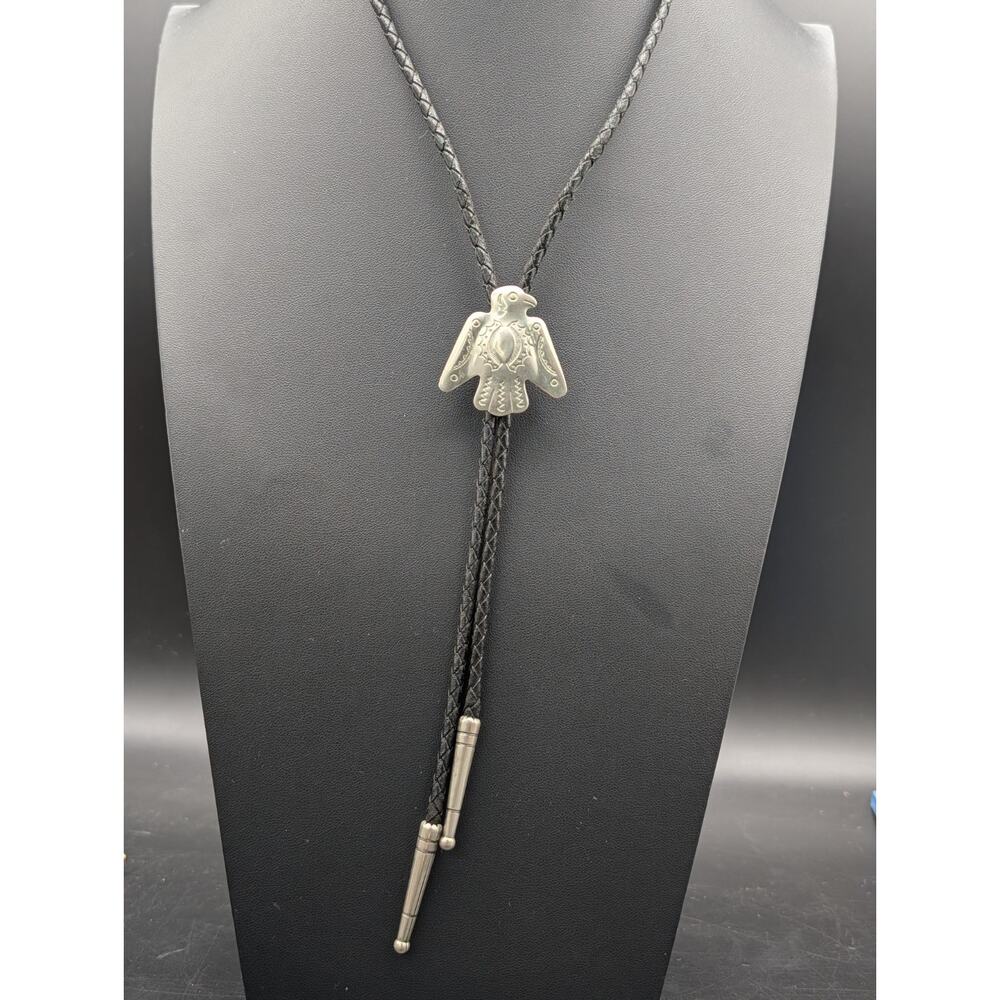 Vintage Nickel Silver Thunderbird Bolo Tie Stamped Western Braided Leather